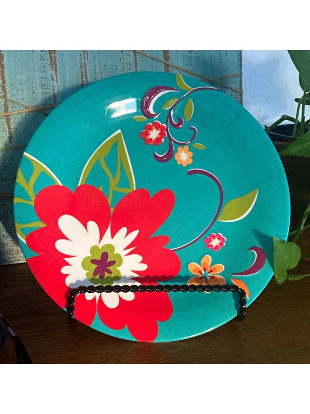 Pier 1 Imports Turquoise Floral Plate Red Purple Floral Textured Melamine 9”